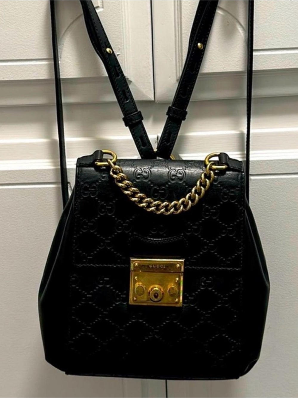 Gucci Black Embossed Leather Backpack with Gold Chain & Lock - Picture 2 of 4